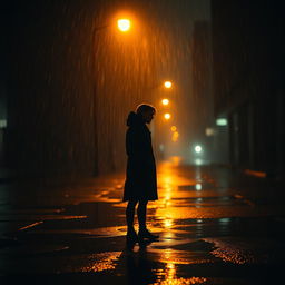 A somber, atmospheric photograph capturing a solitary figure standing in the rain under a dimly lit streetlamp
