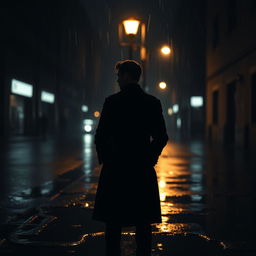 A somber, atmospheric photograph capturing a solitary figure standing in the rain under a dimly lit streetlamp