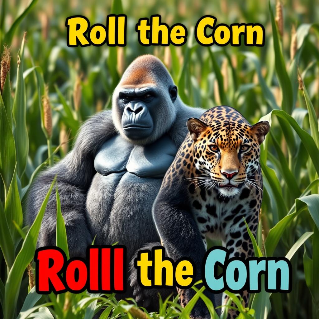 A majestic silverback gorilla stands confidently alongside a stealthy jaguar in a vibrant cornfield, surrounded by tall green cornstalks swaying gently in the breeze