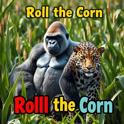 A majestic silverback gorilla stands confidently alongside a stealthy jaguar in a vibrant cornfield, surrounded by tall green cornstalks swaying gently in the breeze