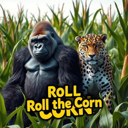 A majestic silverback gorilla stands confidently alongside a stealthy jaguar in a vibrant cornfield, surrounded by tall green cornstalks swaying gently in the breeze