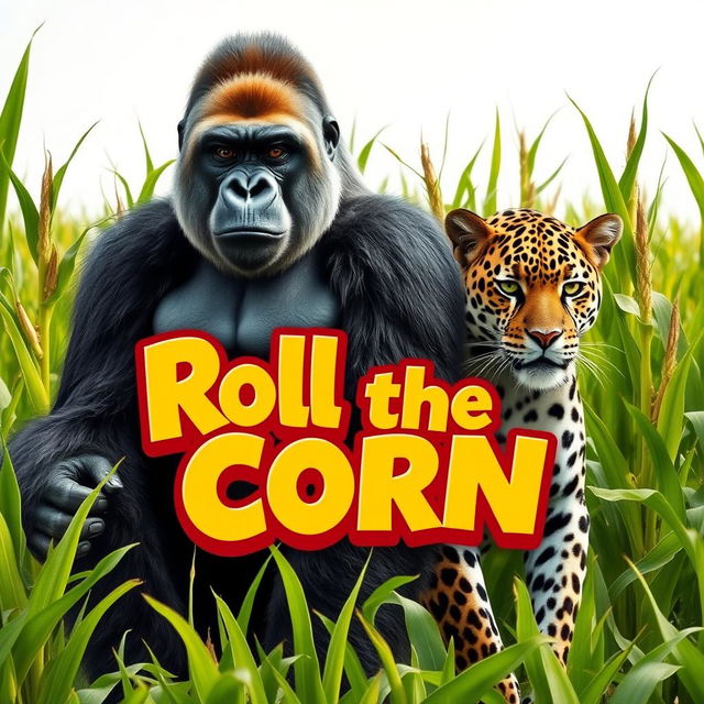 A majestic silverback gorilla stands confidently alongside a stealthy jaguar in a vibrant cornfield, surrounded by tall green cornstalks swaying gently in the breeze