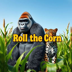A majestic silverback gorilla stands confidently alongside a stealthy jaguar in a vibrant cornfield, surrounded by tall green cornstalks swaying gently in the breeze