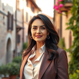A 40-year-old woman with dark hair and beautiful Italian features, fully dressed in elegant clothing that reflects her sophisticated style