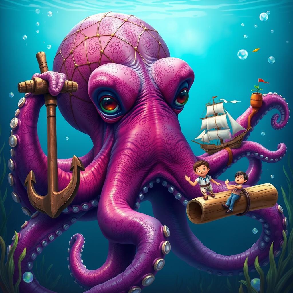 A giant octopus with vibrant colors, holding a wooden anchor in one tentacle and a small ship in another