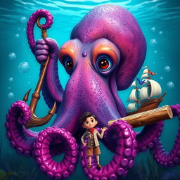 A giant octopus with vibrant colors, holding a wooden anchor in one tentacle and a small ship in another