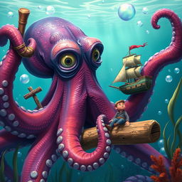 A giant octopus with vibrant colors, holding a wooden anchor in one tentacle and a small ship in another