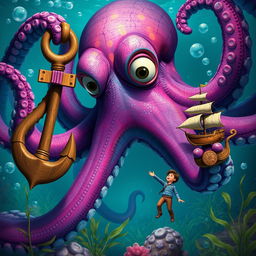A giant octopus with vibrant colors, holding a wooden anchor in one tentacle and a small ship in another
