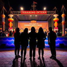 Dramatic night portrait of five Teaching Intern students as silhouettes against a nautical themed stage