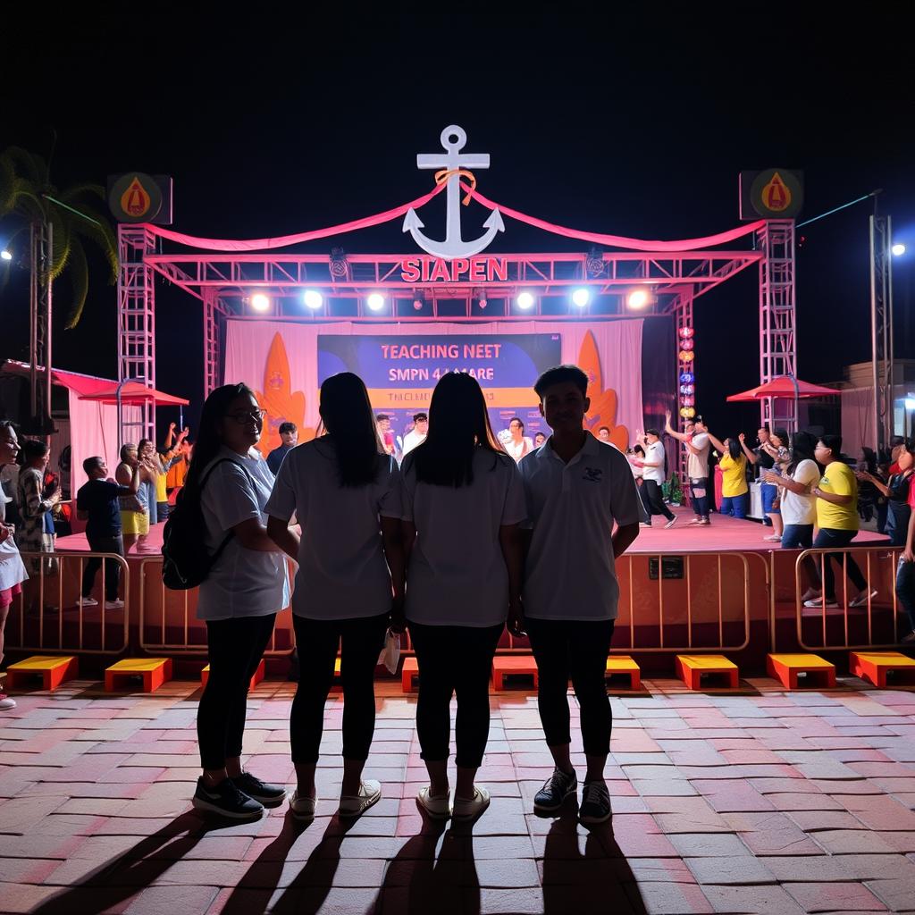 Dramatic night portrait of five Teaching Intern students as silhouettes against a nautical themed stage
