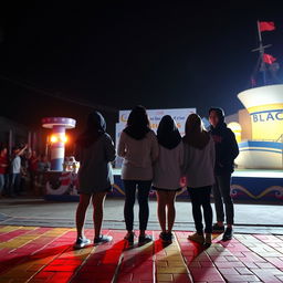Dramatic night portrait of five Teaching Intern students as silhouettes against a nautical themed stage