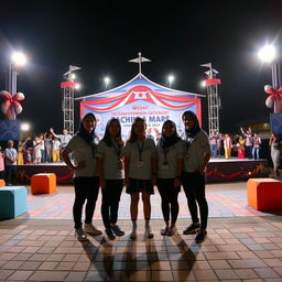 Dramatic night portrait of five Teaching Intern students as silhouettes against a nautical themed stage