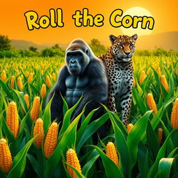 A vivid cornfield with vibrant green stalks and golden ears of corn in the foreground