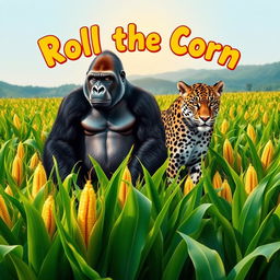 A vivid cornfield with vibrant green stalks and golden ears of corn in the foreground