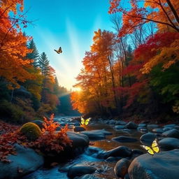 A scenic view of a tranquil forest landscape during autumn, showcasing vibrant orange, yellow, and red leaves on the trees