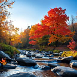 A scenic view of a tranquil forest landscape during autumn, showcasing vibrant orange, yellow, and red leaves on the trees
