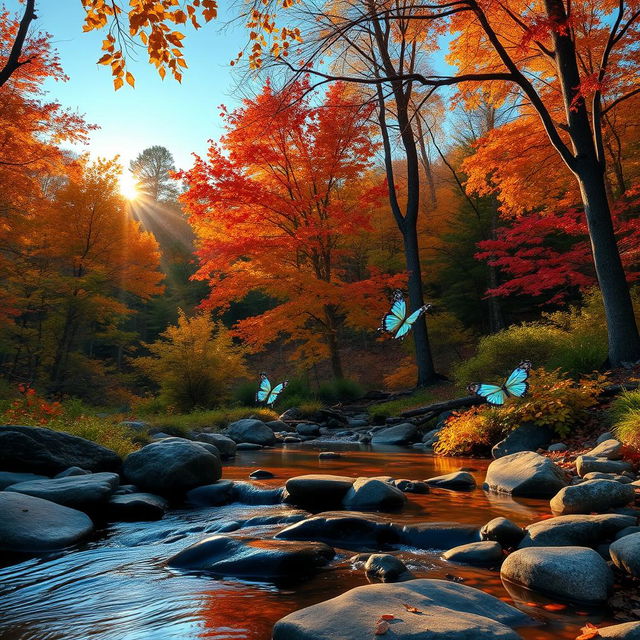 A scenic view of a tranquil forest landscape during autumn, showcasing vibrant orange, yellow, and red leaves on the trees