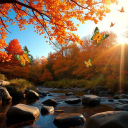 A scenic view of a tranquil forest landscape during autumn, showcasing vibrant orange, yellow, and red leaves on the trees