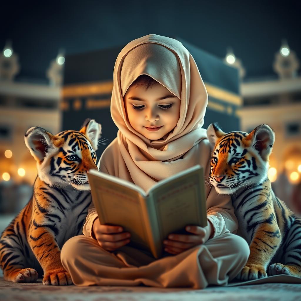 A young girl in a traditional gamis and hijab reading the Quran, sitting peacefully with a tiger cub on either side, creating an enchanting scene