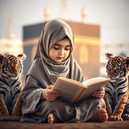 A young girl in a traditional gamis and hijab reading the Quran, sitting peacefully with a tiger cub on either side, creating an enchanting scene
