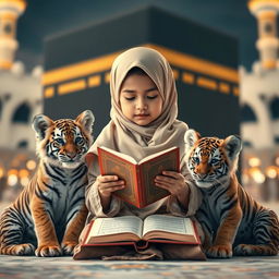 A young girl in a traditional gamis and hijab reading the Quran, sitting peacefully with a tiger cub on either side, creating an enchanting scene