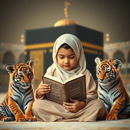 A young girl in a traditional gamis and hijab reading the Quran, sitting peacefully with a tiger cub on either side, creating an enchanting scene