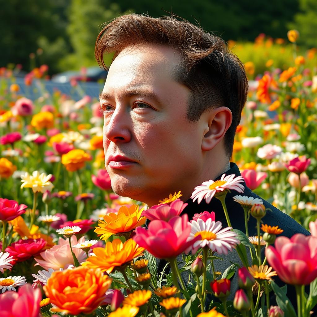 A beautiful and surreal fusion of a lush flower garden and Elon Musk, capturing the essence of innovation and nature