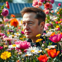 A beautiful and surreal fusion of a lush flower garden and Elon Musk, capturing the essence of innovation and nature