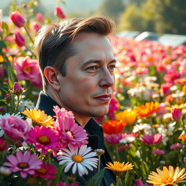 A beautiful and surreal fusion of a lush flower garden and Elon Musk, capturing the essence of innovation and nature