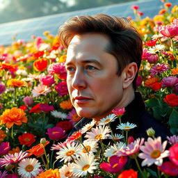 A beautiful and surreal fusion of a lush flower garden and Elon Musk, capturing the essence of innovation and nature