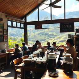 A vibrant coffee shop in a village in Nepal, showcasing a beautiful mountainous backdrop with terraced fields