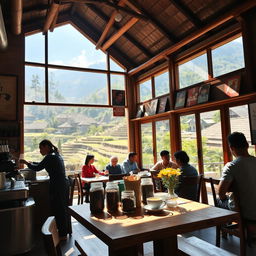 A vibrant coffee shop in a village in Nepal, showcasing a beautiful mountainous backdrop with terraced fields
