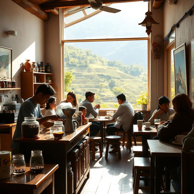 A vibrant coffee shop in a village in Nepal, showcasing a beautiful mountainous backdrop with terraced fields