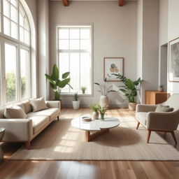 A stylish and modern living room featuring a sleek, minimalist sofa in a neutral color, a cozy coffee table with a unique design, and an elegant armchair
