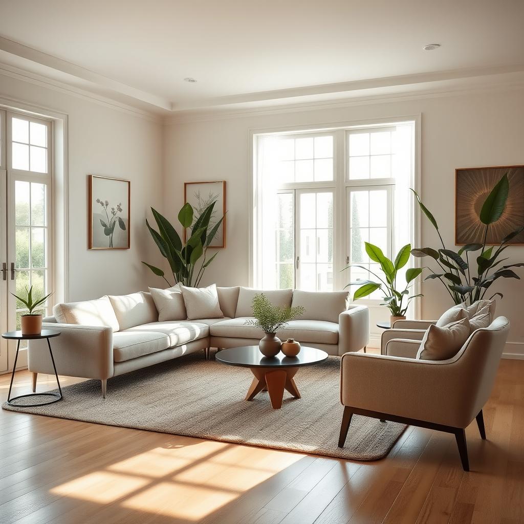 A stylish and modern living room featuring a sleek, minimalist sofa in a neutral color, a cozy coffee table with a unique design, and an elegant armchair