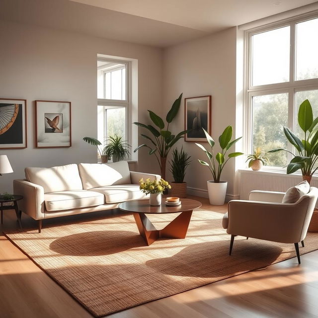 A stylish and modern living room featuring a sleek, minimalist sofa in a neutral color, a cozy coffee table with a unique design, and an elegant armchair