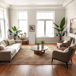 A stylish and modern living room featuring a sleek, minimalist sofa in a neutral color, a cozy coffee table with a unique design, and an elegant armchair