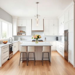 A beautifully designed modern kitchen with sleek white cabinets, marble countertops, and stainless steel appliances