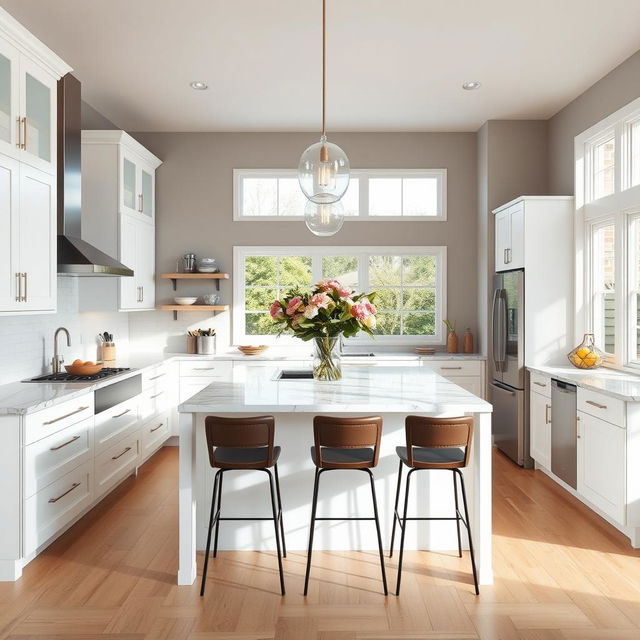 A beautifully designed modern kitchen with sleek white cabinets, marble countertops, and stainless steel appliances