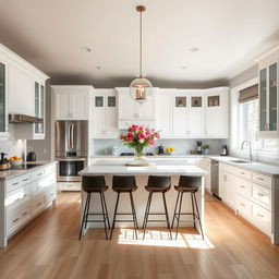 A beautifully designed modern kitchen with sleek white cabinets, marble countertops, and stainless steel appliances