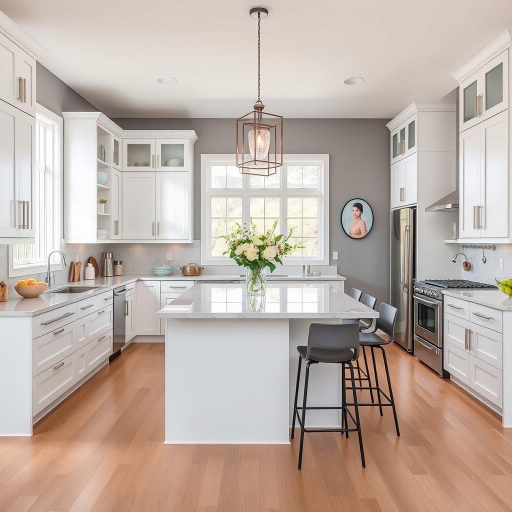 A beautifully designed modern kitchen with sleek white cabinets, marble countertops, and stainless steel appliances