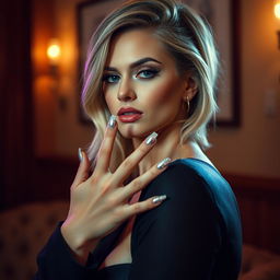 An alluring woman posing seductively, showcasing her short silver flat nails that perfectly match the hex code #C0C0C0