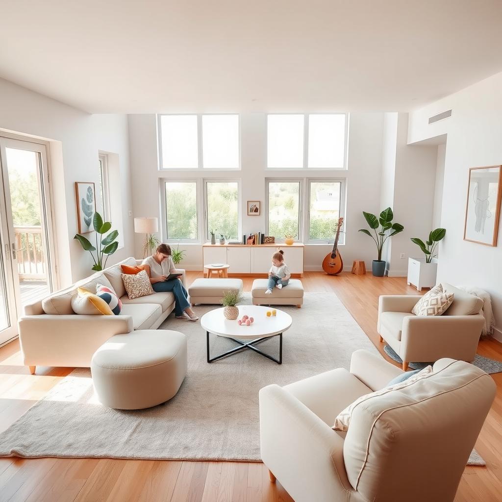 A beautifully designed living room for a young couple with a baby, featuring an open and spacious layout