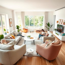 A beautifully designed living room for a young couple with a baby, featuring an open and spacious layout