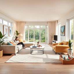A beautifully designed living room for a young couple with a baby, featuring an open and spacious layout