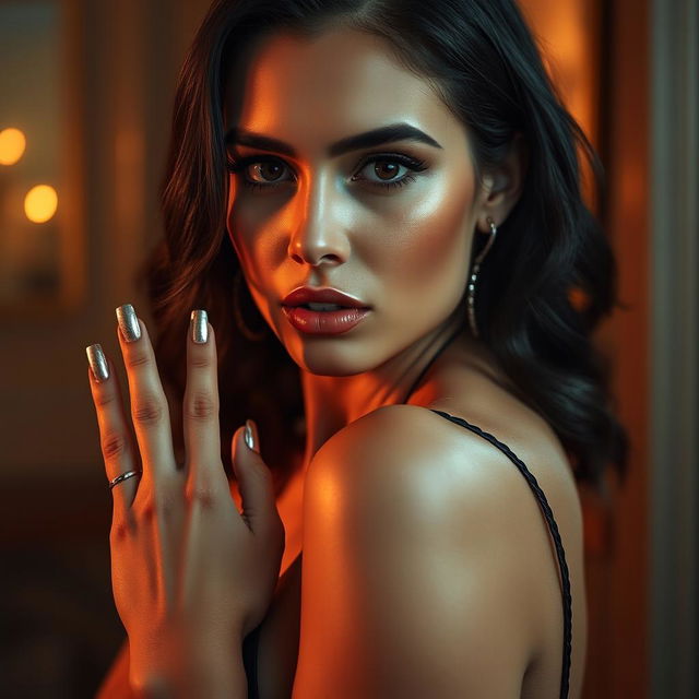 An alluring woman striking a seductive pose, featuring short silver flat nails that match the hex code #C0C0C0