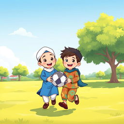 A charming cartoon illustration of two Muslim brothers playing joyfully with a ball in a sunny park