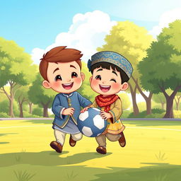 A charming cartoon illustration of two Muslim brothers playing joyfully with a ball in a sunny park