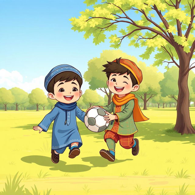 A charming cartoon illustration of two Muslim brothers playing joyfully with a ball in a sunny park