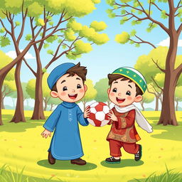 A charming cartoon illustration of two Muslim brothers playing joyfully with a ball in a sunny park